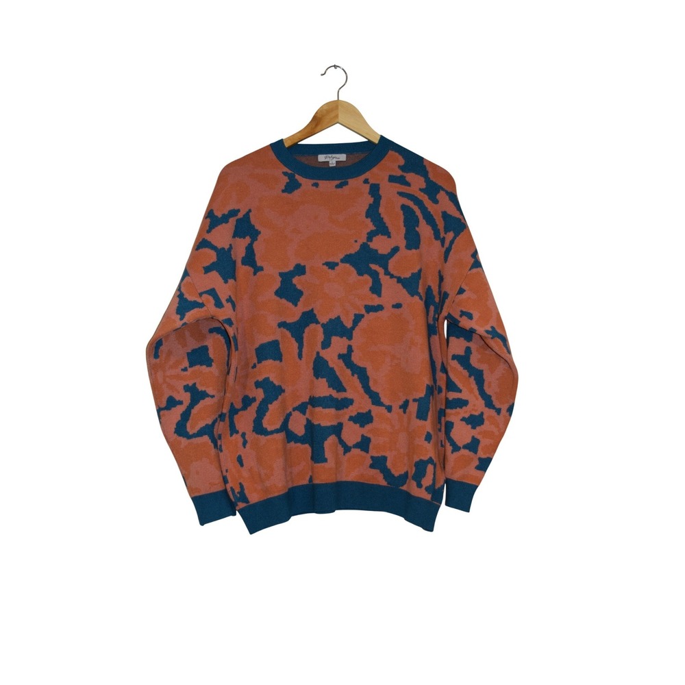 Polagram Womens Abstract Floral Jacquard Knit Sweater Orange Teal Large